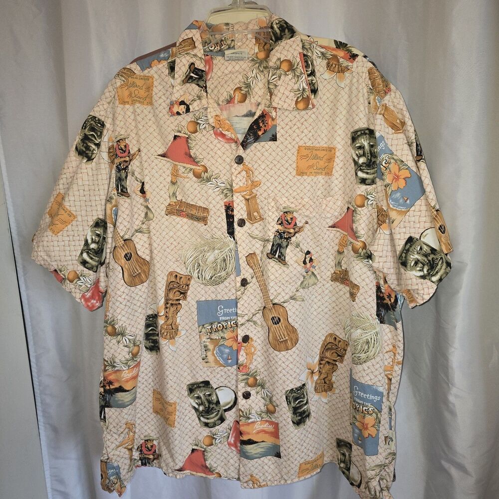 Go Barefoot Vintage Hawaiian Guitar/Totem Button Down Short Sleeve Shirt Mens XL
